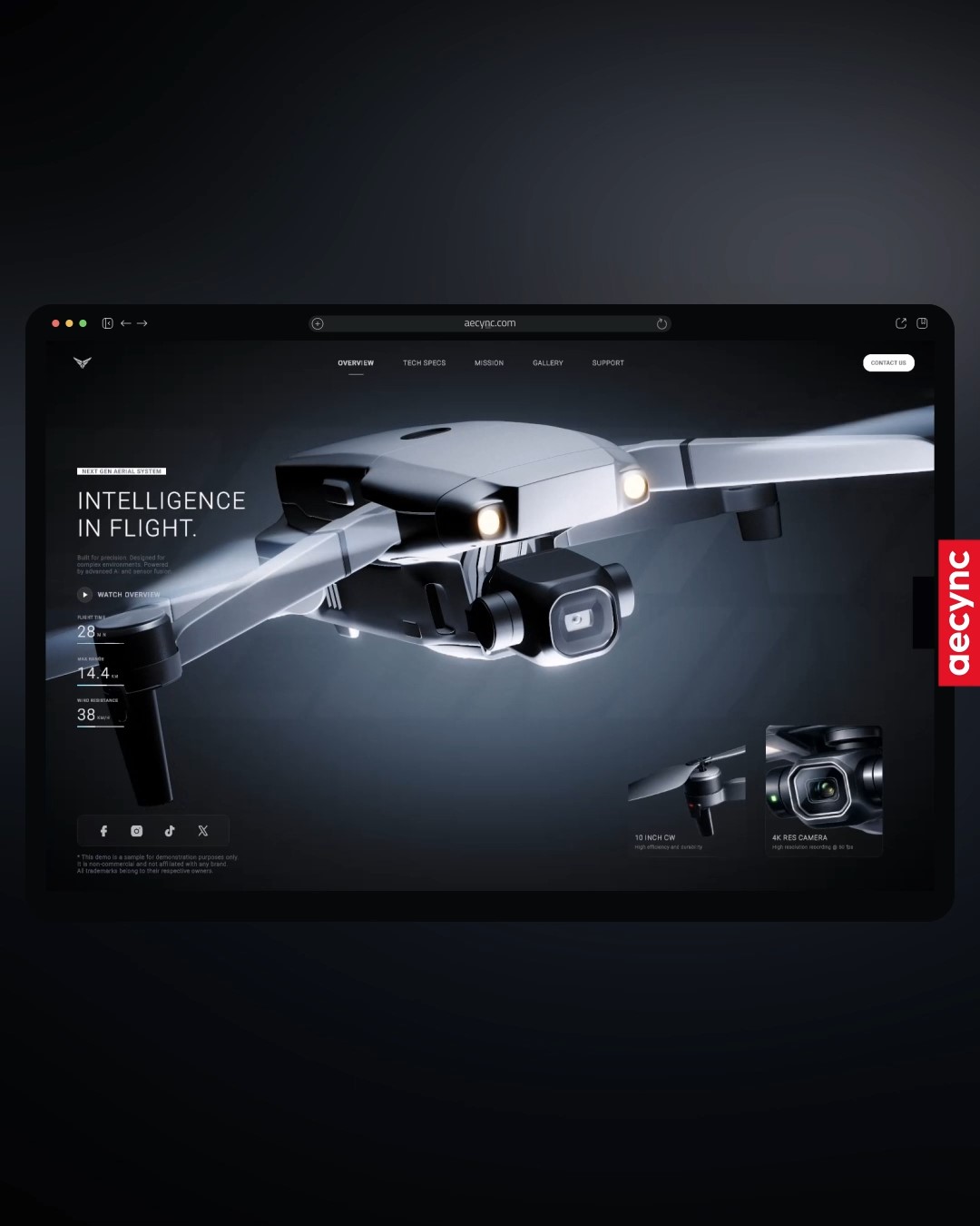 Interactive web experience for a drone product with cinematic lighting, 3D visualization, UI/UX design and graphic design elements.